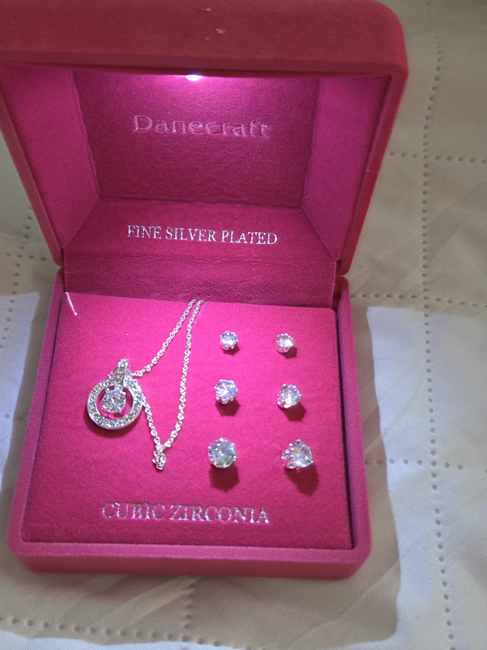Craft Fine Silver-Plated Cubic Zirconia Necklace & Earring Set in Pink
